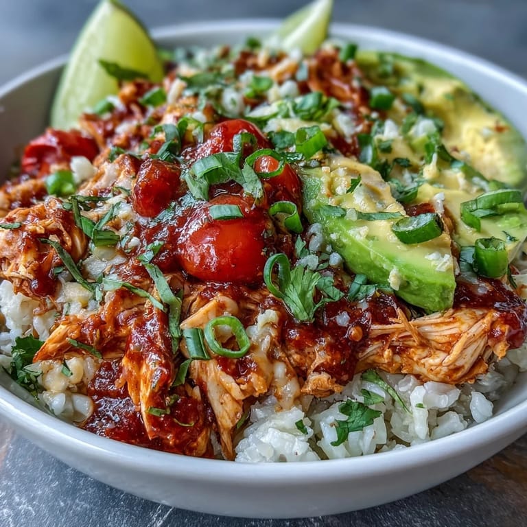 Slow-cooked salsa chicken served over rice with vibrant cherry tomatoes, green onions, and melted cheese.  