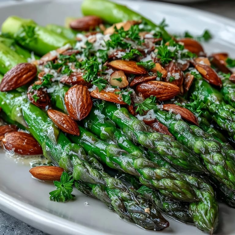 Crisp-tender asparagus tossed with zesty lemon butter and golden toasted almonds, perfect for spring gatherings.