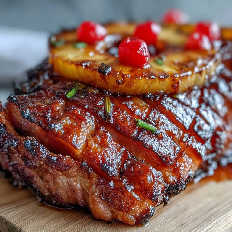 3. Juicy honey-glazed ham topped with caramelized pineapple and cherries, perfect for a celebratory American feast.