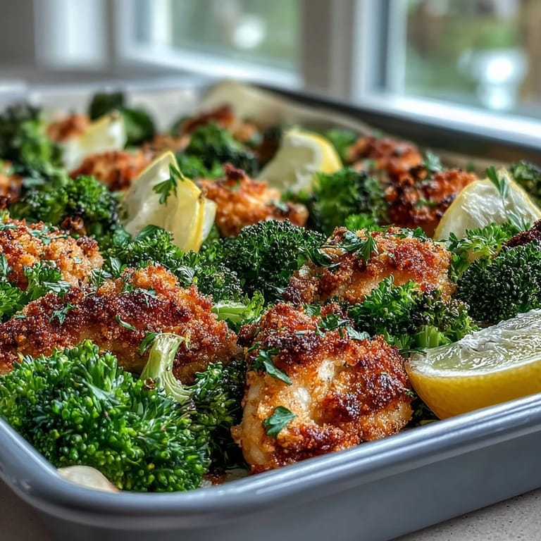 Tender chicken and roasted broccoli florets topped with a crunchy, savory Parmesan panko crust.