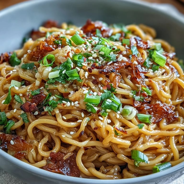 Creamy garlic butter ramen served hot, featuring silky noodles in a sweet-savory glaze, topped with a jammy egg and a sprinkle of sesame seeds.