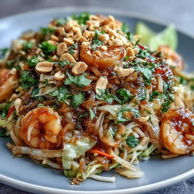 Healthy Cabbage Pad Thai stir-fry with tender-crisp vegetables, scrambled eggs, and a zesty Thai-inspired sauce, garnished with chopped peanuts.