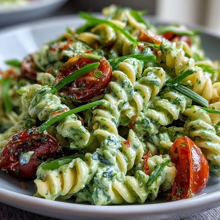 Bright cherry tomatoes, crisp cucumbers, and baby spinach tossed with herby green goddess dressing in pasta salad.  