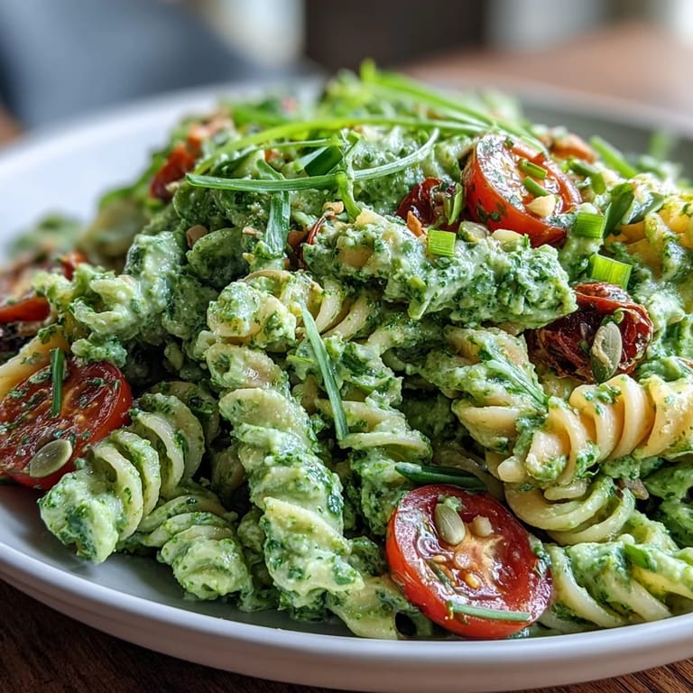 Fresh herbs, avocado, and lemon create a luscious dressing for this colorful green goddess pasta salad.