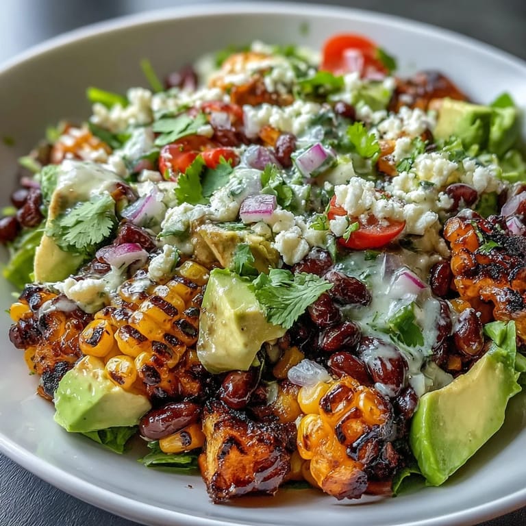 A colorful and refreshing grilled corn and black bean taco salad piled high and ready.