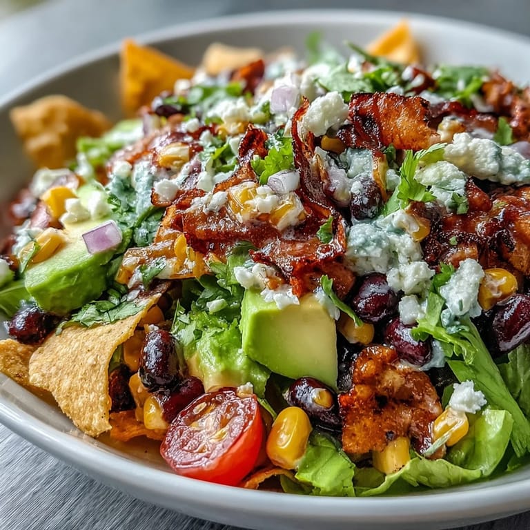 Hearty black bean taco salad with charred corn and creamy avocado, perfect for lunch.