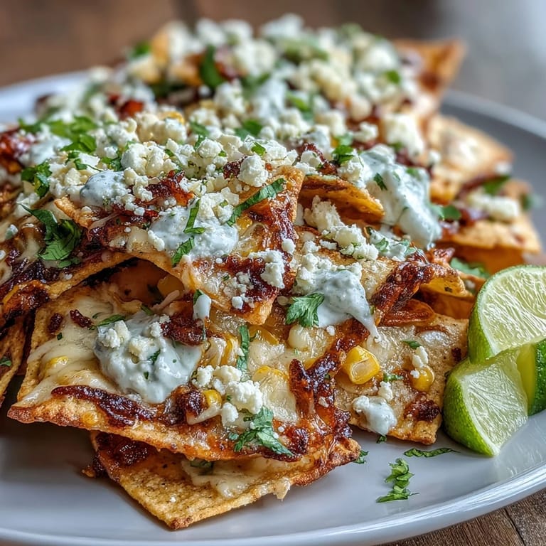 Loaded Mexican Elote Nachos ready to be devoured with lime wedges.