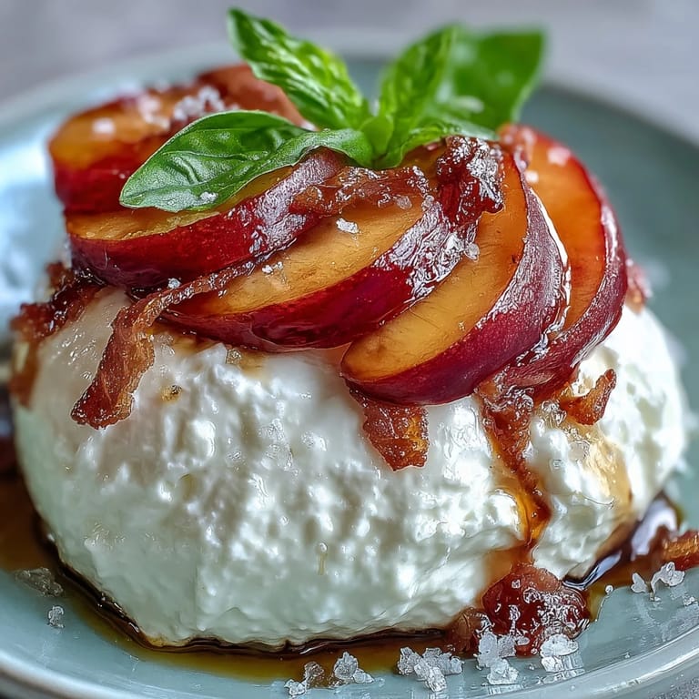 Summer burrata and peach salad plated beautifully with fresh basil and balsamic.