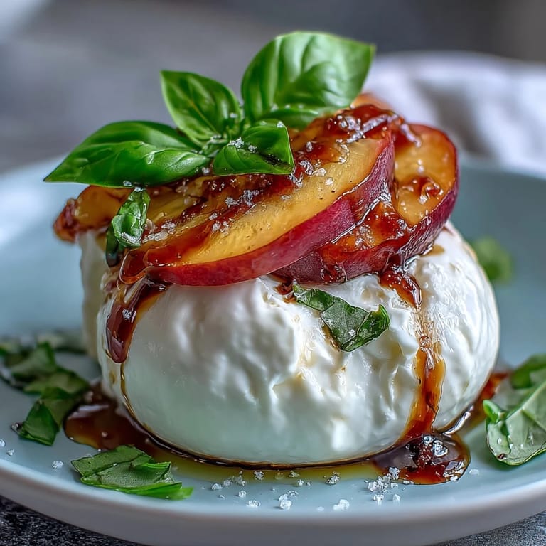 This easy burrata peach prosciutto salad features vibrant colors and fresh flavors.