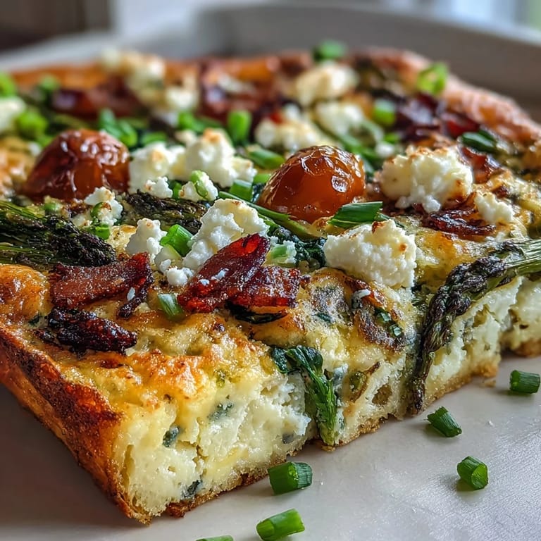 Fluffy baked frittata featuring fresh herbs, bell peppers, and spinach, served warm from a generously sized sheet pan.