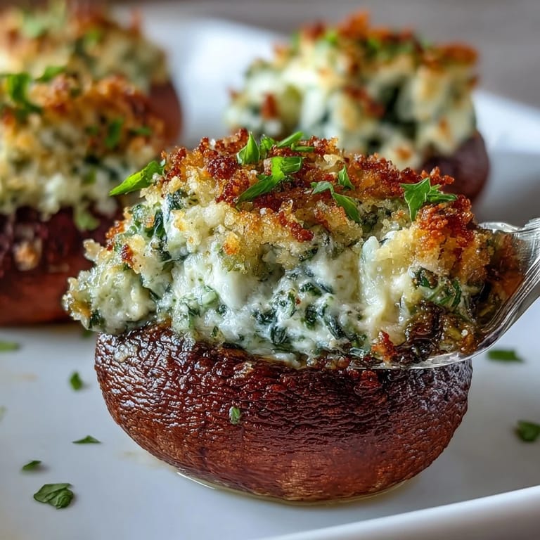 Cheesy spinach and ricotta filling nestled in tender mushroom caps, topped with crispy breadcrumbs for an irresistible bite.  