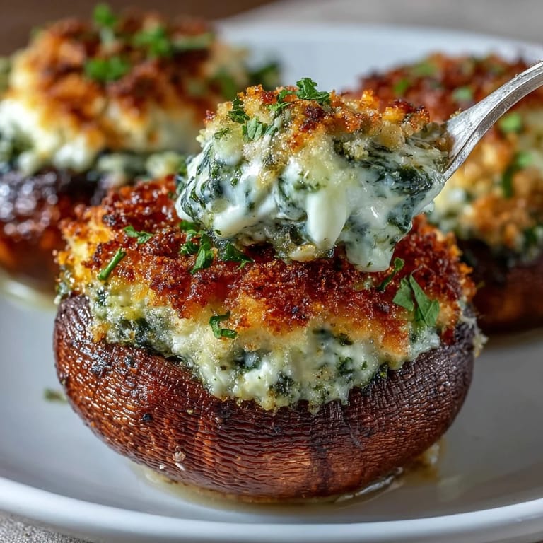 Elegant spinach ricotta stuffed mushrooms with fresh herbs and Parmesan, a crowd-pleasing Italian-inspired appetizer for any occasion.