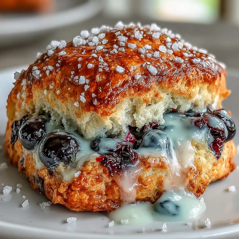Buttery, flaky scones bursting with fresh blueberries and topped with a glossy lemon glaze, served on a rustic wooden board with a side of tea.