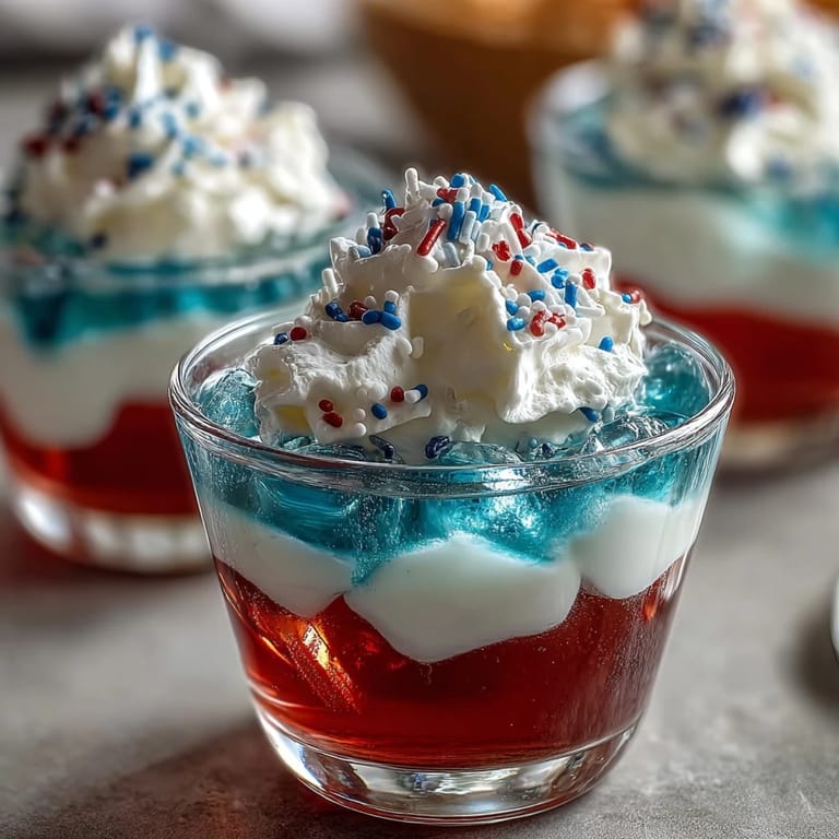 Visually delicious visual of vibrant 4th of July Firecracker Jello Shots (Alcohol-Free) dessert.