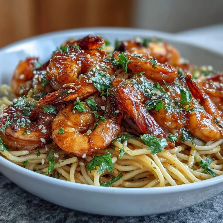 Close-up of Garlic Butter Shrimp Buldak Pasta, garnished with fresh parsley.