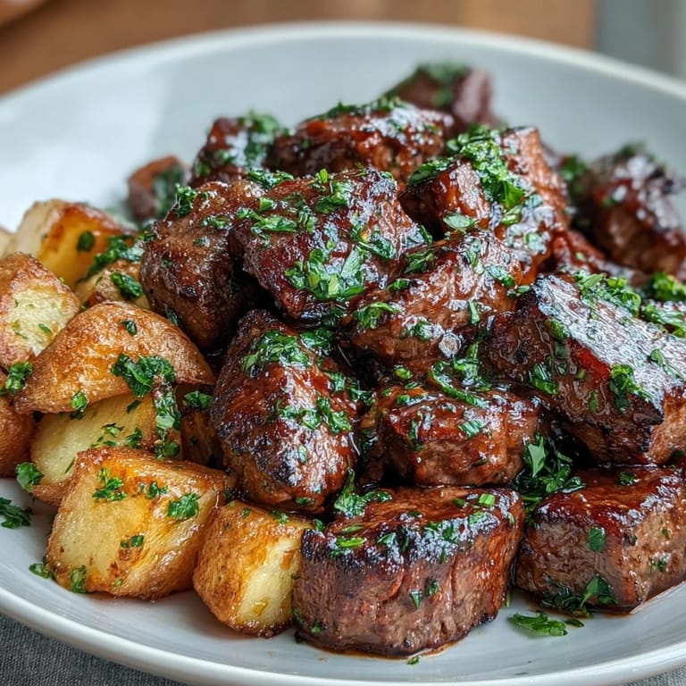 Seared, juicy steak bites tossed in rich garlic butter sauce alongside tender potatoes.