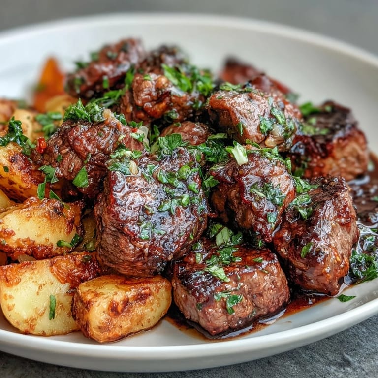 Delicious garlic butter steak bites and potatoes, ready to be served with fresh parsley.