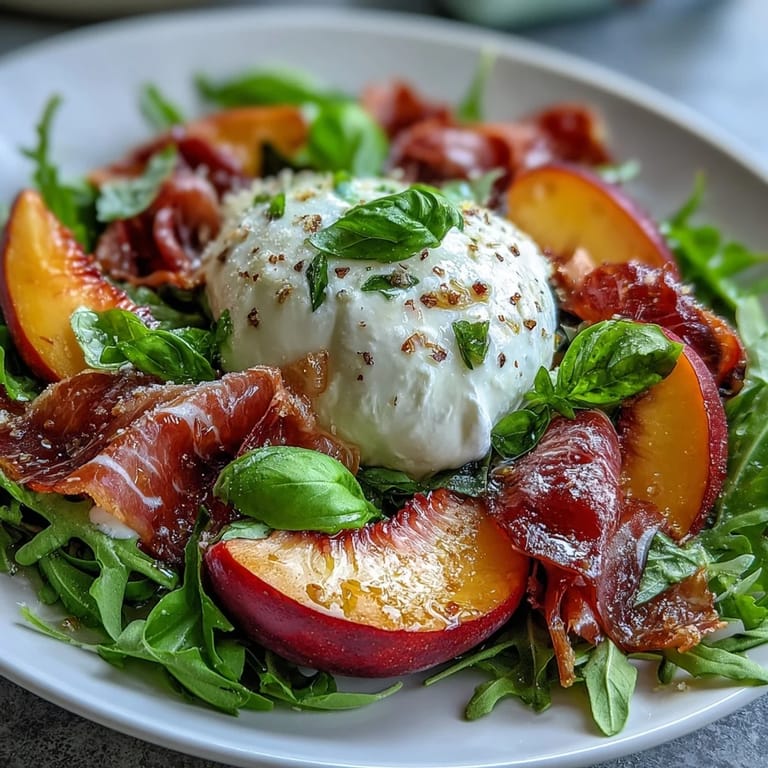 Delicious Peach Burrata Prosciutto Salad, featuring fresh greens and salty prosciutto.