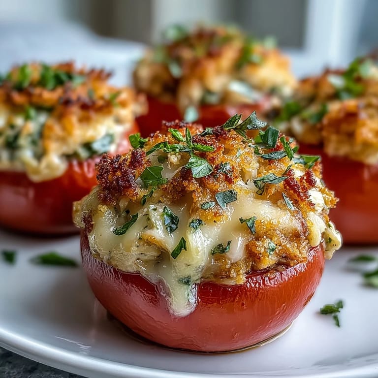 Golden Tuna Melt Stuffed Tomatoes, bubbling cheese topping, a delightful baked comfort dish.