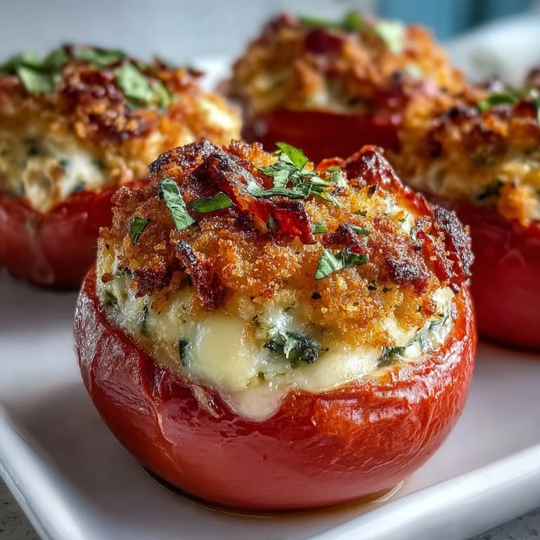 Enjoy warm Tuna Melt Stuffed Tomatoes, a flavorful low-carb lunch sprinkled with parsley.