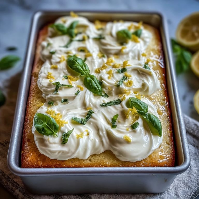 Luscious Lemon Basil Poke Cake dessert, perfect for a summer gathering.