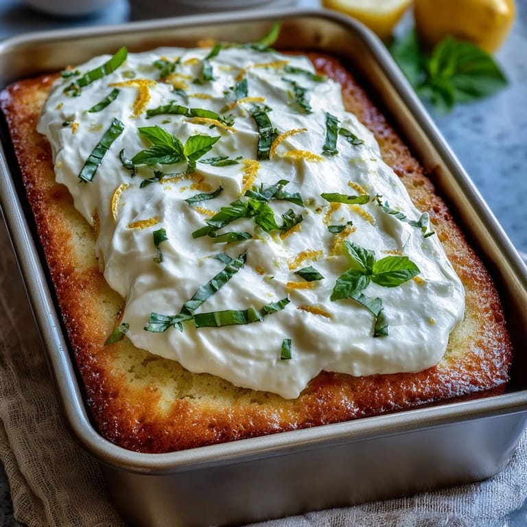 Tangy Lemon Basil Poke Cake, a delightful spring treat with zesty notes.