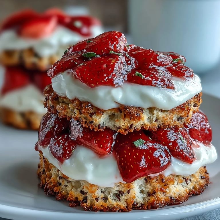 Visually striking black sesame shortcake with vibrant strawberries and fluffy whipped cream.