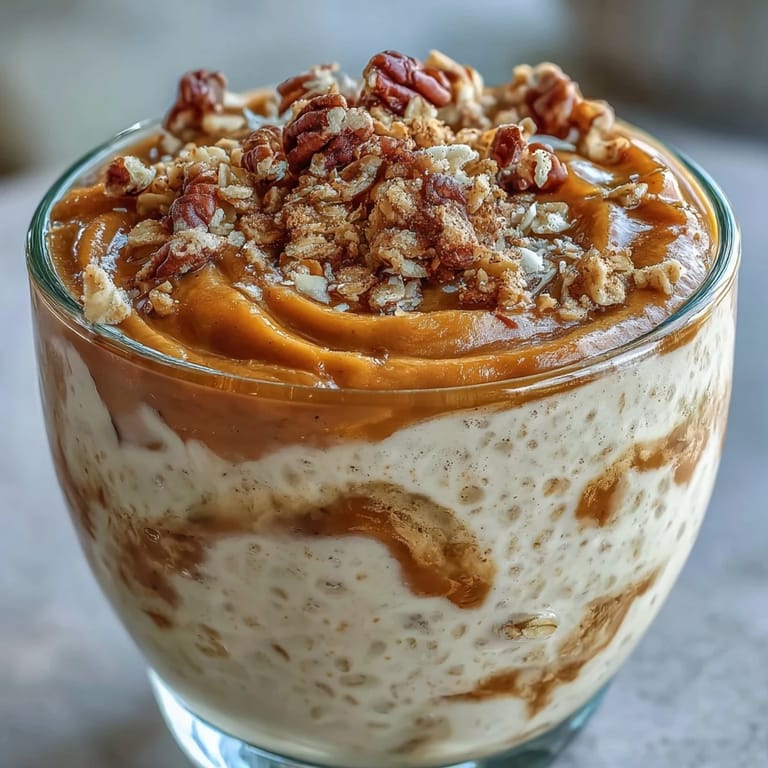 A jar of pumpkin cheesecake overnight oats, topped with crunchy nuts.
