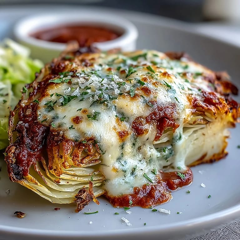A delicious Crispy Cabbage Parmesan Melt with melted mozzarella, fresh basil garnish.