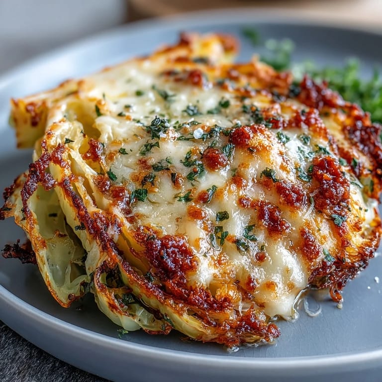 Vegetarian Crispy Cabbage Parmesan Melt, oven-baked with marinara and crispy, browned edges.