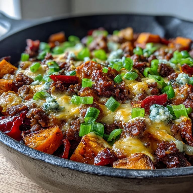 Hearty one-pan cheeseburger skillet bursting with savory flavors and tender sweet potatoes.