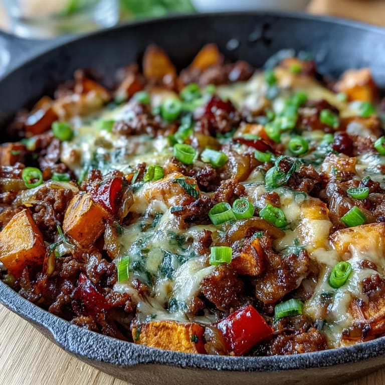 Savory ground beef and sweet potato cheeseburger skillet, a quick weeknight dinner.