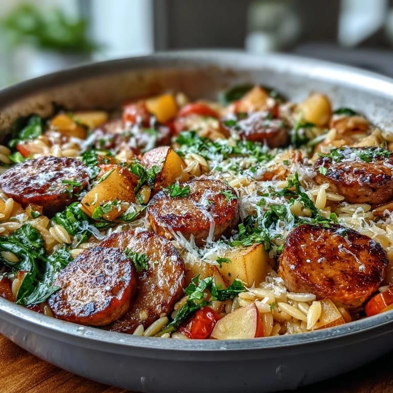 Golden apple chicken sausage orzo skillet, a hearty one-pan comfort meal.