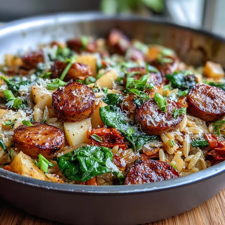 Savory apple chicken sausage orzo ready for a delicious weeknight dinner.