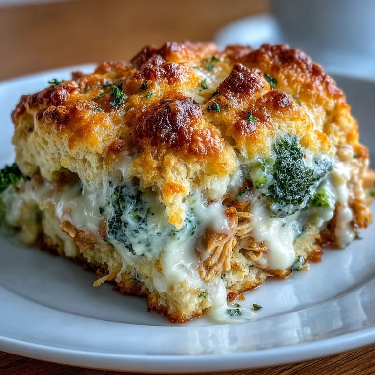 Melted cheddar cheese blankets savory Broccoli Cheddar Chicken Biscuit Casserole, perfect for dinner.