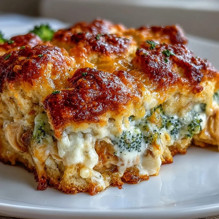 Hearty Broccoli Cheddar Chicken Biscuit Casserole ready to be served, bubbling with flavor.