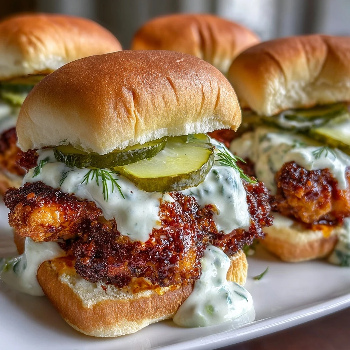 Golden-brown Nashville Hot Chicken Sliders stacked high, featuring crispy fried chicken thighs and crunchy dill pickle slices on soft buns.