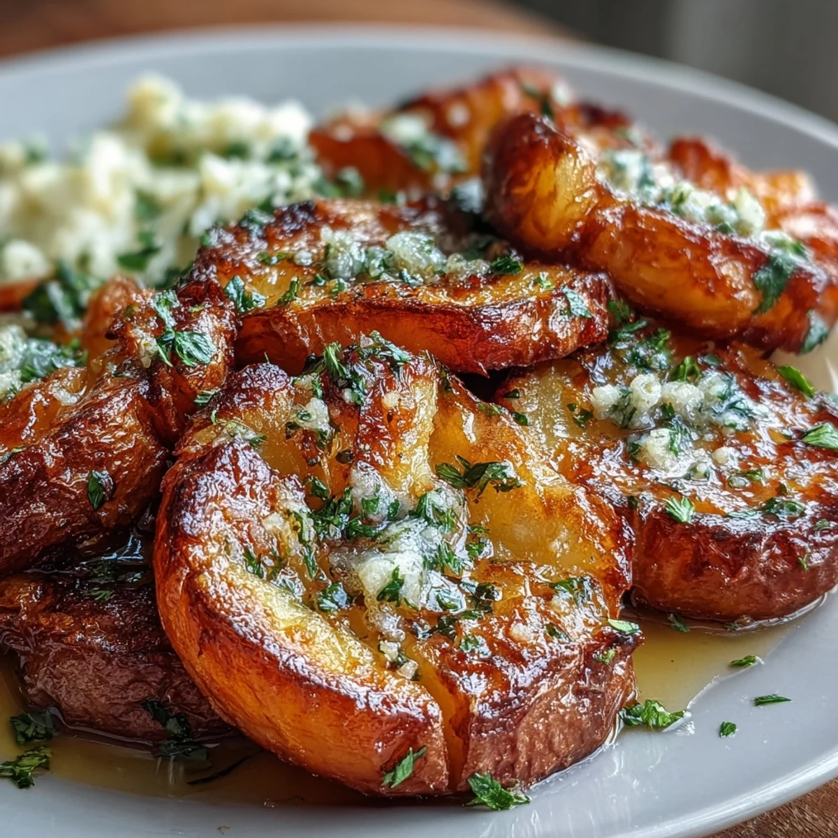 Crispy smashed baby potatoes drizzled with fragrant garlic-infused olive oil and fleur de sel, perfect for a comforting side dish.