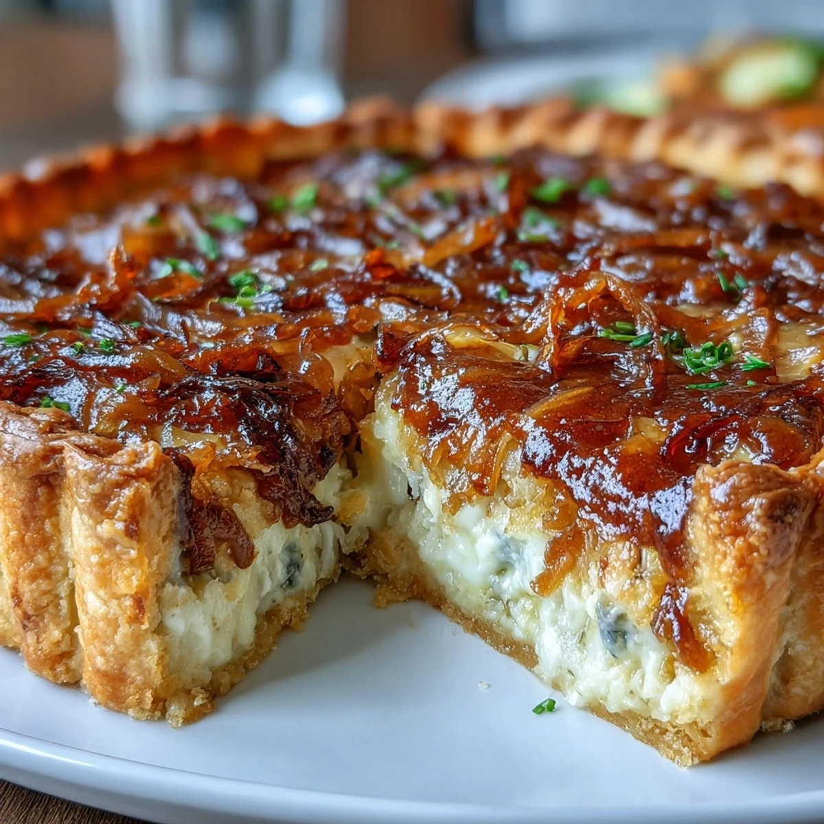 Caramelized onion and Gruyere tart with golden flaky crust, showcasing sweet onions and melted cheese in elegant layers.  