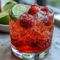 Refreshing raspberry lime spritz with muddled berries, lime slices, and sparkling water in ice-filled glasses, garnished with fresh mint.