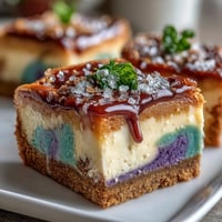 Vibrant King Cake Cheesecake Bars with purple, green, and gold swirls on a cinnamon graham crust, perfect for Mardi Gras celebrations.