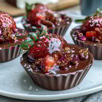Luxurious dark chocolate cups filled with fresh strawberries and fragrant pistachio crunch, inspired by Middle Eastern flavors and rosewater elegance.  
