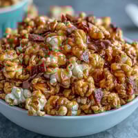 Sweet caramel popcorn mixed with dried apples and colorful candy pieces, perfect for a fun movie night treat.