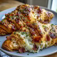 Ham & Swiss Croissant Bake with golden, flaky croissants and melted Swiss cheese, a savory breakfast casserole that's rich and comforting.
