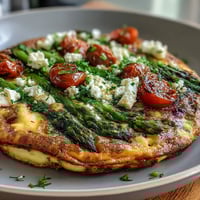 Healthy Easy Spring Veggie Frittata with vibrant asparagus, spinach, and cherry tomatoes baked to golden perfection in a cast-iron skillet.