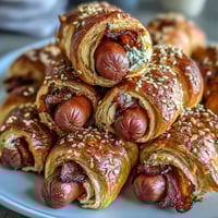 Mini baseball hot dogs wrapped in golden crescent roll dough, perfect for game day snacks and kid-friendly parties.