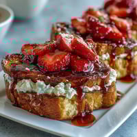 Vibrant strawberry French toast bake with fresh berries, fluffy brioche, and a golden almond-topped custard—perfect for spring brunch.  