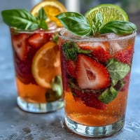 Refreshing strawberry basil sangria mocktail with juicy berries and citrus slices in a clear pitcher, garnished with fragrant basil leaves.