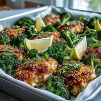 Golden-brown Crispy Parmesan Broccoli & Chicken Trays fresh from the oven on a dark baking sheet.