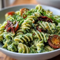 Creamy avocado-basil green goddess dressing coats tender pasta and fresh vegetables in this vibrant salad.  